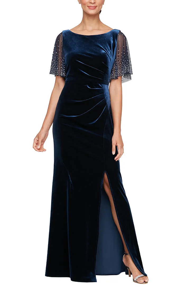 Plus - Velvet Fit and Flare Dress with Heat Set Illusion Flutter Sleeves and Front Slit sold by Alex Evenings