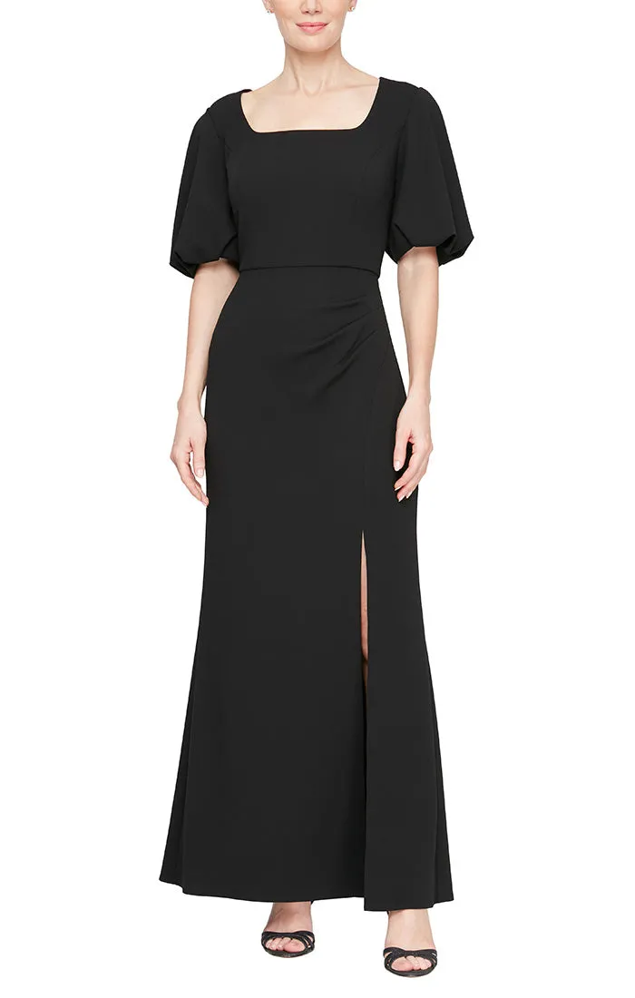 Regular - Square Neck Stretch Crepe Gown with Short Balloon Sleeves and Front Slit sold by Alex Evenings