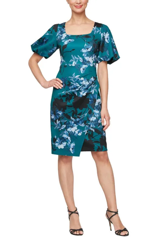 Plus - Short Printed Sheath Dress with Square Neckline & Puff Sleeve Detail sold by Alex Evenings