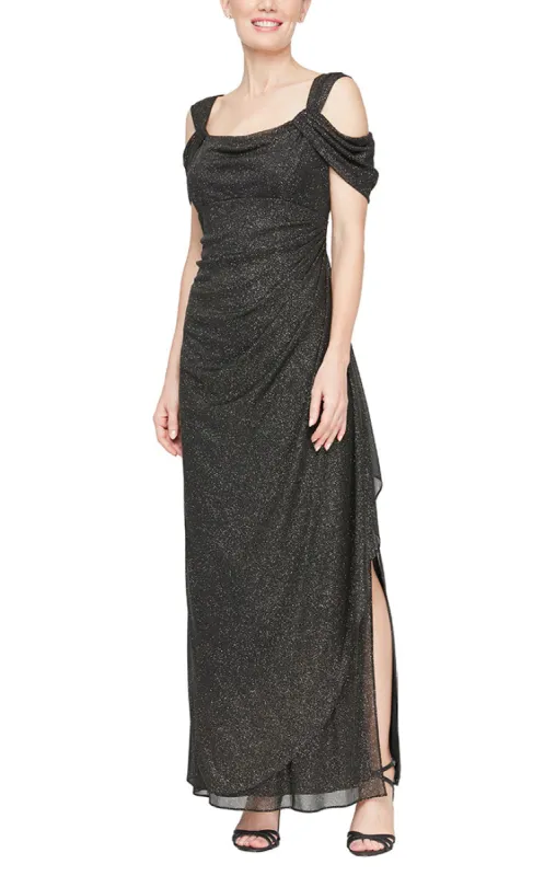Petite Cold Shoulder Glitter Mesh Dress with Draped Skirt & Cowl Neckline sold by Alex Evenings