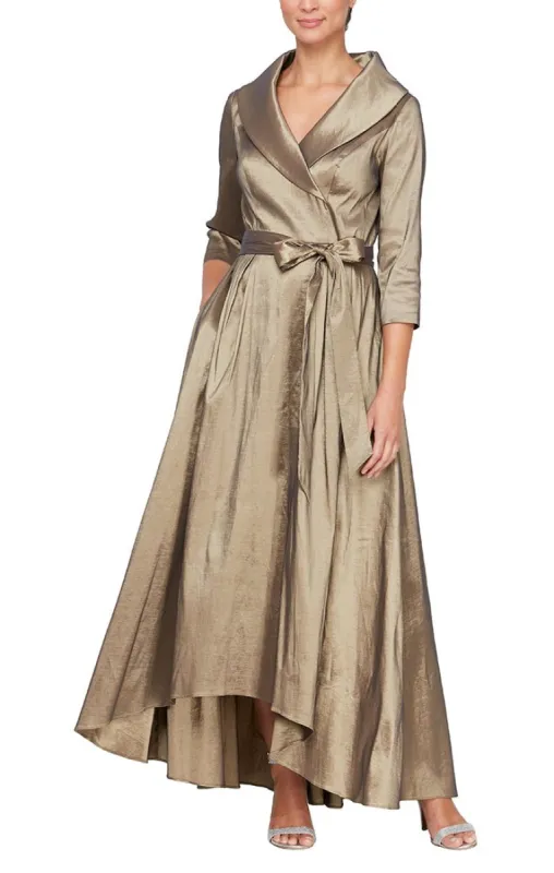 Portrait Collar Stretch Taffeta Dress with High Low Hem and Tie Belt sold by Alex Evenings