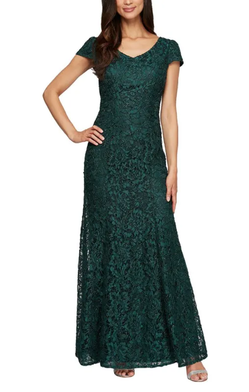Long Corded Lace V-Neck Fit and Flare Dress with Cap Sleeves sold by Alex Evenings