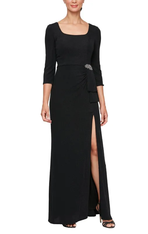 Plus- Square Neck Dress with Embellishment Detail at Hip and 3/4 Sleeves sold by Alex Evenings
