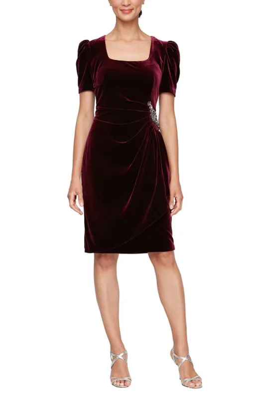 Short Scoop Neck Velvet Sheath Dress with Short Puff Shoulder Sleeves and Beaded Cascade Skirt sold by Alex Evenings
