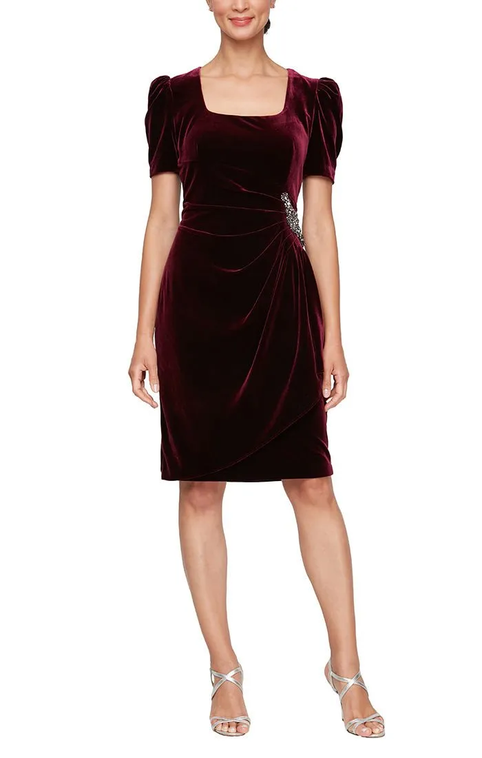 Short Scoop Neck Velvet Sheath Dress with Short Puff Shoulder Sleeves and Beaded Cascade Skirt sold by Alex Evenings