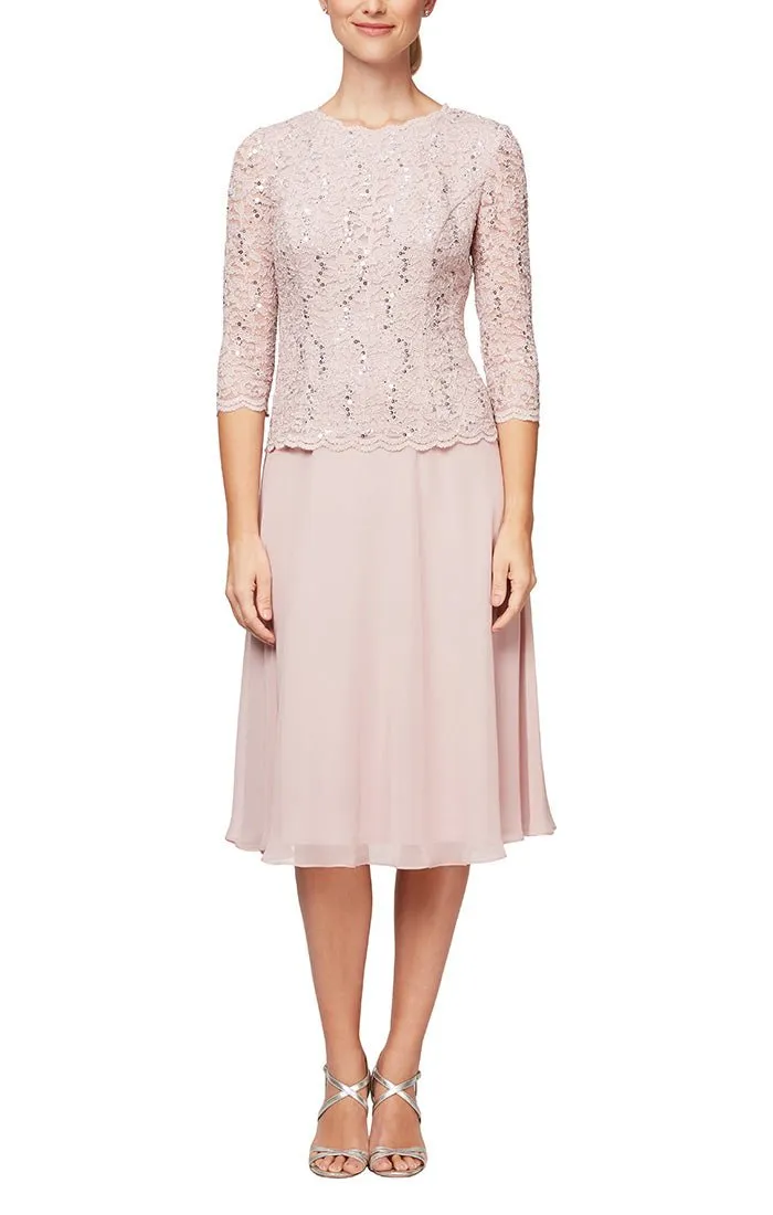 Petite Tea-Length Dress with Sequin Lace Bodice & Chiffon Skirt sold by Alex Evenings product image thumbnail 3