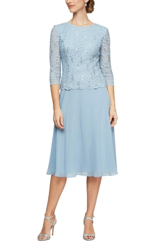 Petite Tea-Length Dress with Sequin Lace Bodice & Chiffon Skirt sold by Alex Evenings
