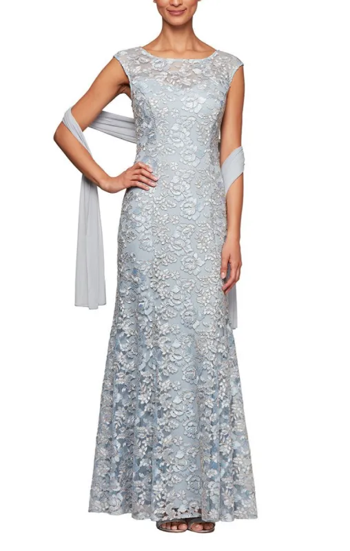 Petite Embroidered Tulle Lace Fit & Flare Gown with Illusion Neckline and Shawl sold by Alex Evenings