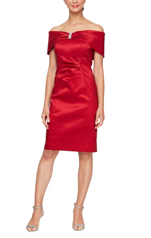 Petite - Off-the-Shoulder Sheath Stretch Taffeta Cocktail Dress with Embellished Neckline made by Alex Evenings