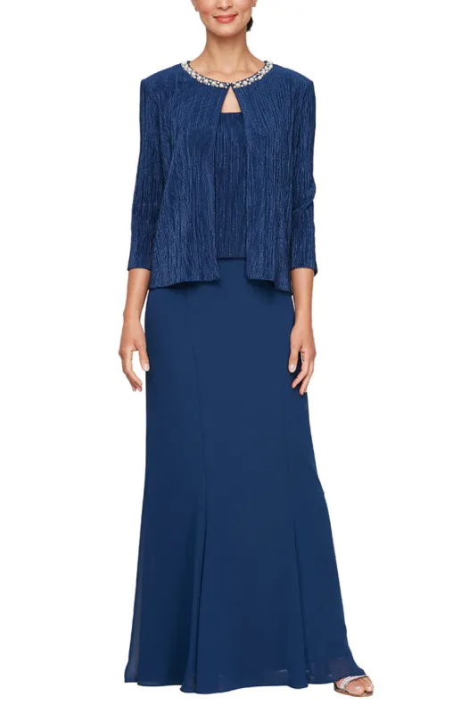 Regular - Long Metallic Knit Scoop Neck Mock Dress with Embellished Neck Jacket sold by Alex Evenings