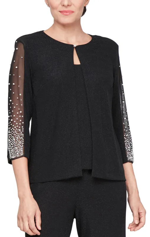 3/4 Sleeve Mock Metallic Knit Twinset with Heat Set Illusion Bell Sleeves & Hook Neck Closure sold by Alex Evenings