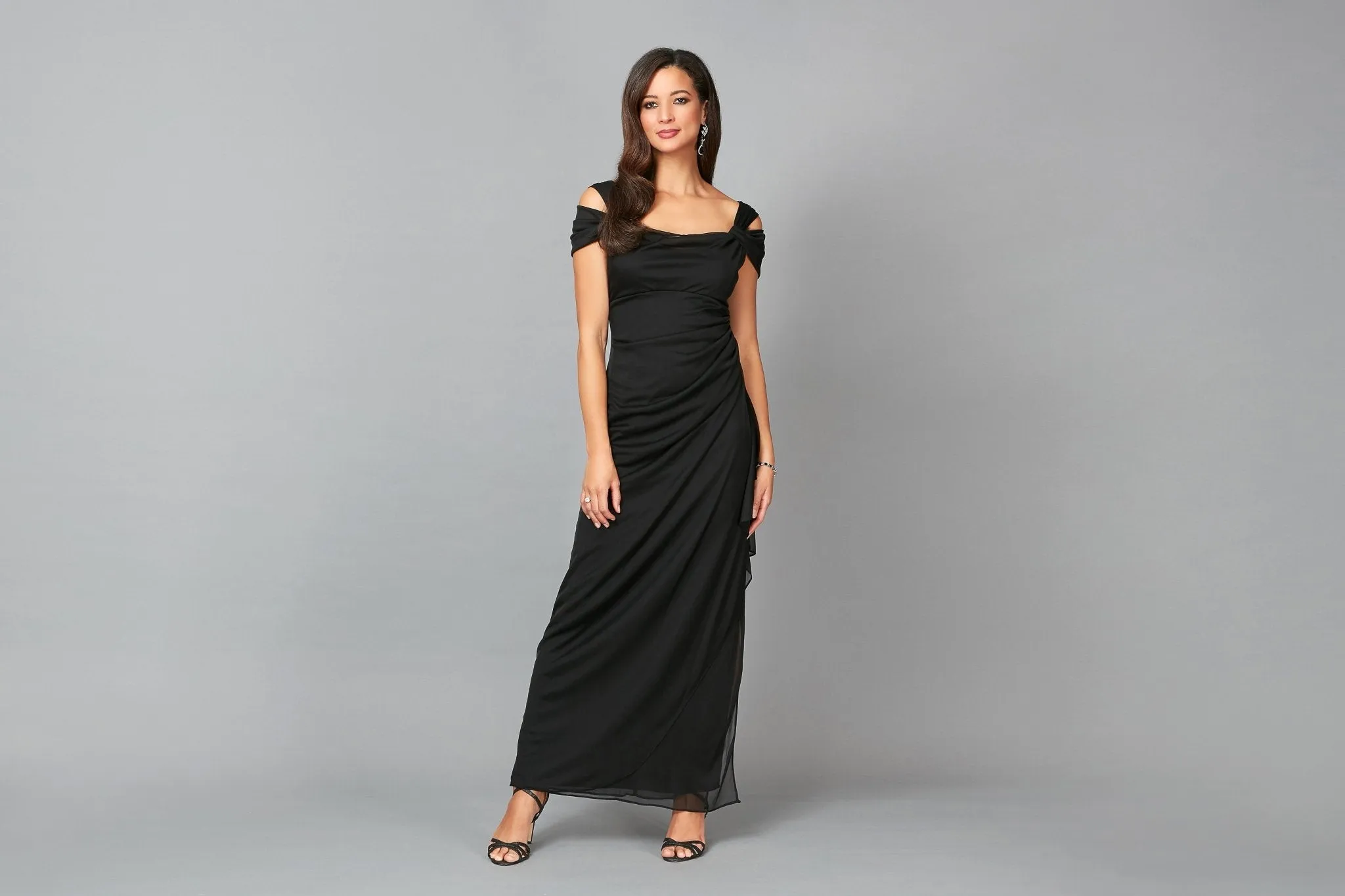 Petite Cold Shoulder Mesh Gown with Cowl Neckline & Overlay Skirt sold by Alex Evenings product image thumbnail 4