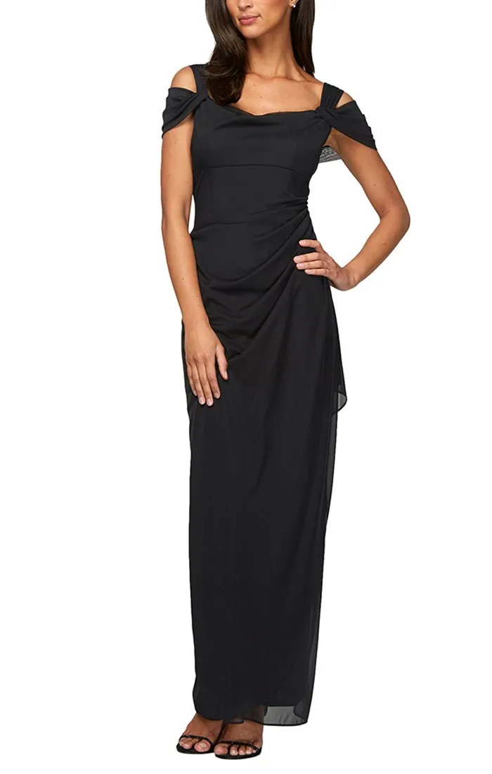 Petite Cold Shoulder Mesh Gown with Cowl Neckline & Overlay Skirt sold by Alex Evenings