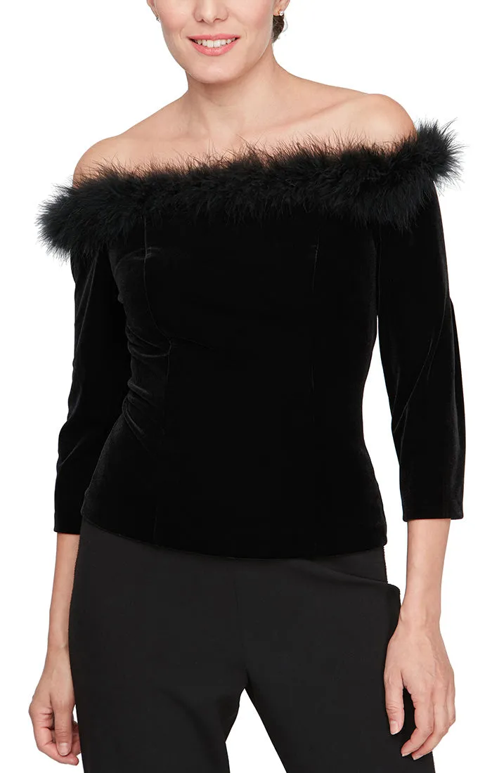 Regular - Off-the-Shoulder Velvet Blouse with Maribou Trim sold by Alex Evenings