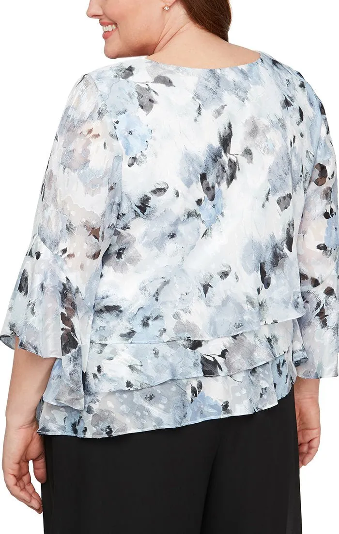 Plus - 3/4 Sleeve Printed Blouse with Bell Sleeves & Asymmetric Triple Tier Hem sold by Alex Evenings product image thumbnail 2