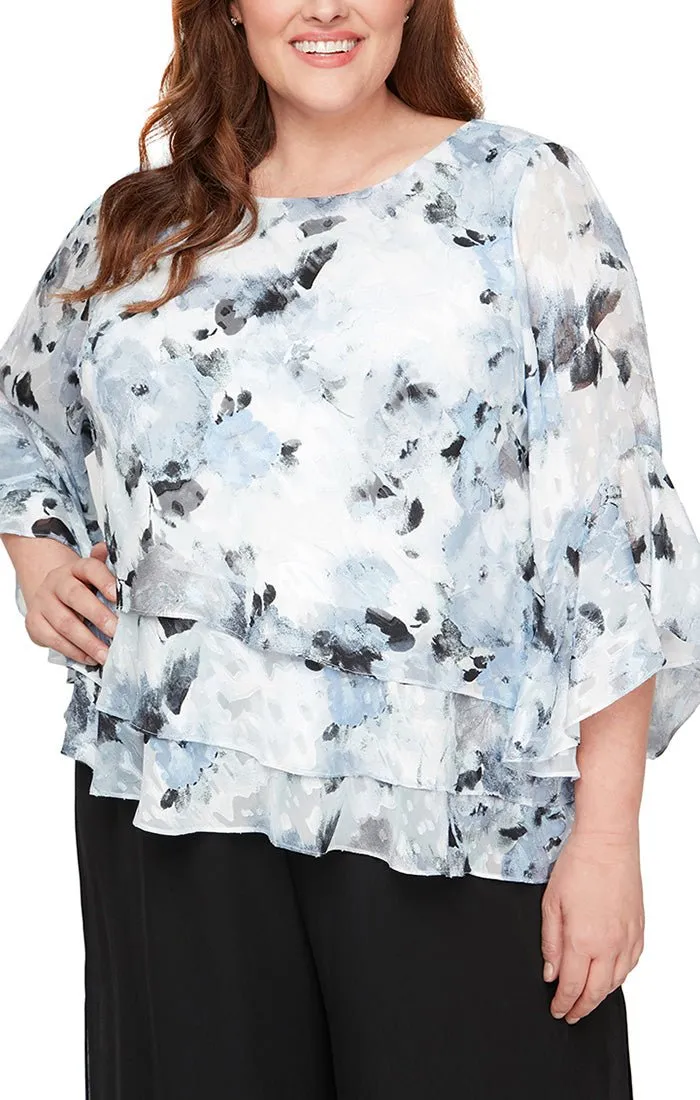 Plus - 3/4 Sleeve Printed Blouse with Bell Sleeves & Asymmetric Triple Tier Hem sold by Alex Evenings