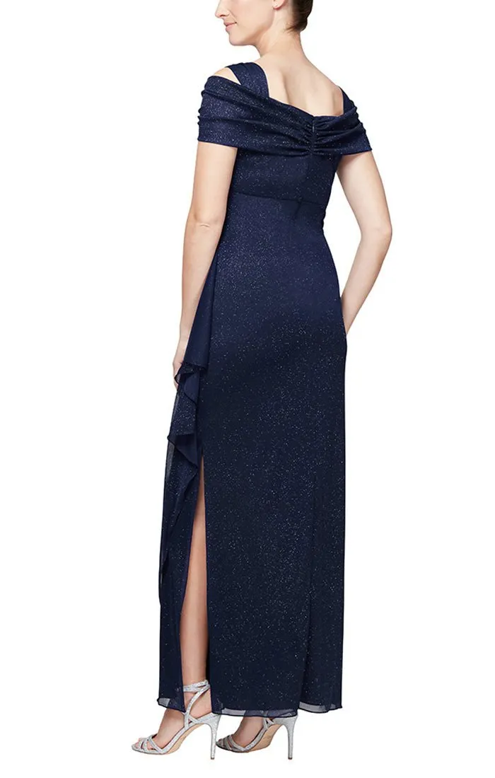 Petite Cold Shoulder Glitter Mesh Dress with Draped Skirt & Cowl Neckline sold by Alex Evenings product image thumbnail 2
