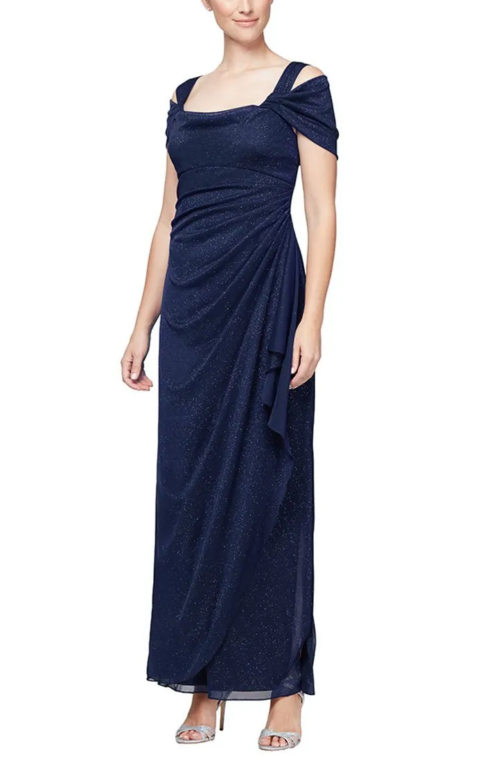 Petite Cold Shoulder Glitter Mesh Dress with Draped Skirt & Cowl Neckline sold by Alex Evenings