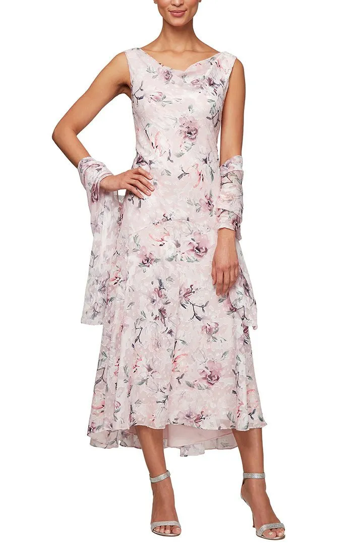 Tea-Length Cowl Neck Printed Chiffon Dress with High/Low Skirt and Shawl sold by Alex Evenings