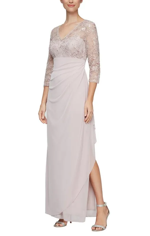 Petite V-Neck Empire Waist Dress with Illusion Sleeves & Chiffon Skirt sold by Alex Evenings