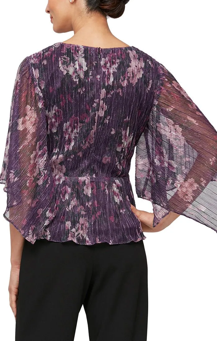 Regular - Printed Metallic Knit V-Neck Blouse with Tie Waist and Flutter Sleeves sold by Alex Evenings product image thumbnail 2