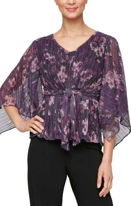 Regular - Printed Metallic Knit V-Neck Blouse with Tie Waist and Flutter Sleeves sold by Alex Evenings