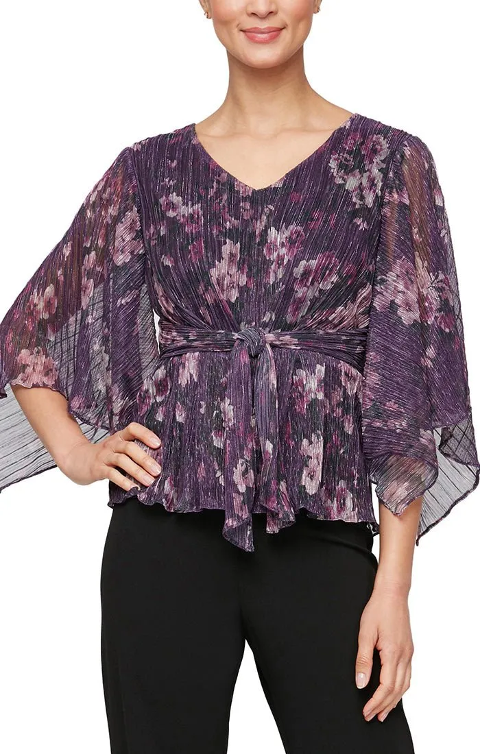 Regular - Printed Metallic Knit V-Neck Blouse with Tie Waist and Flutter Sleeves sold by Alex Evenings