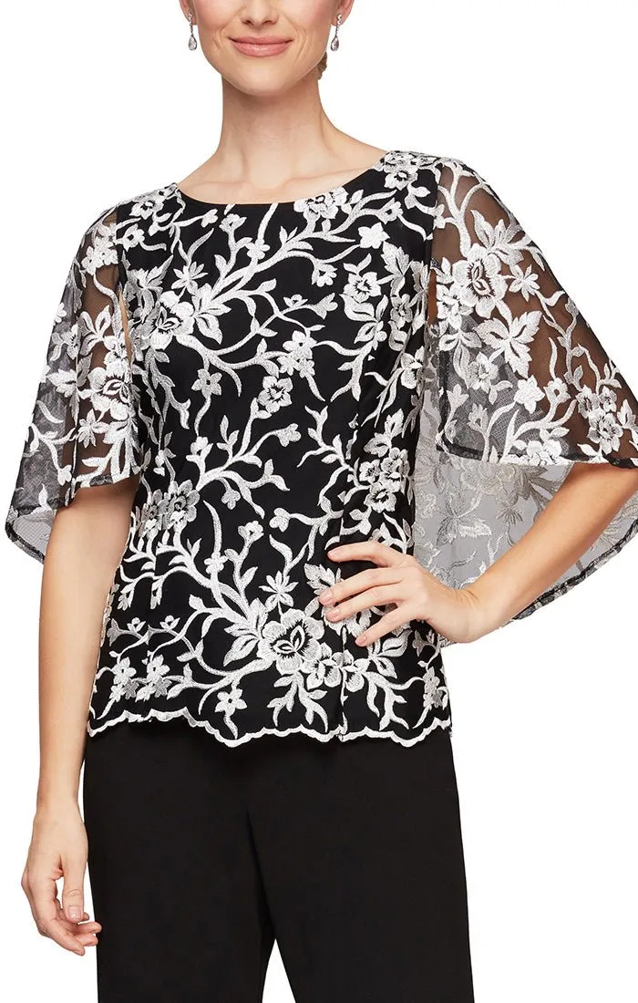Embroidered Blouse with Illusion Capelet Sleeves and Scallop Detail sold by Alex Evenings