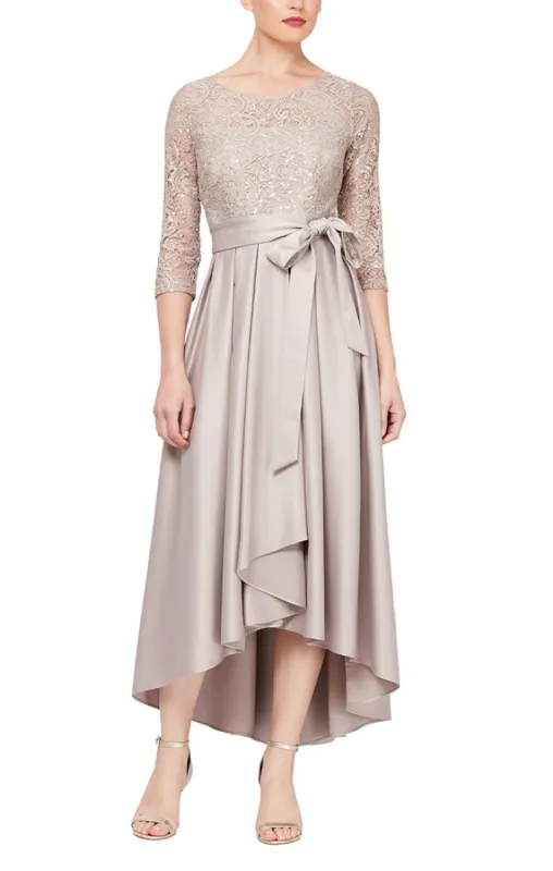 Sequin Lace Party Dress with Satin Skirt & Ribbon Belt sold by Alex Evenings