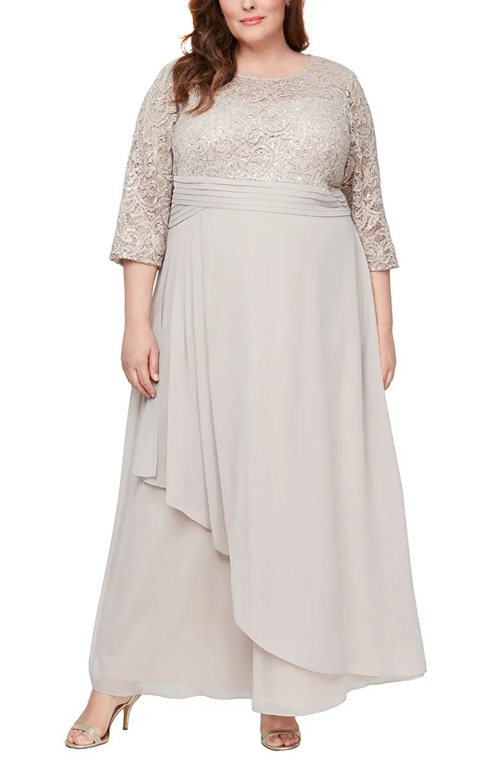 Plus - Long A-Line Sequin Lace Empire Waist Dress With Pleated Detail and Overlay Skirt sold by Alex Evenings