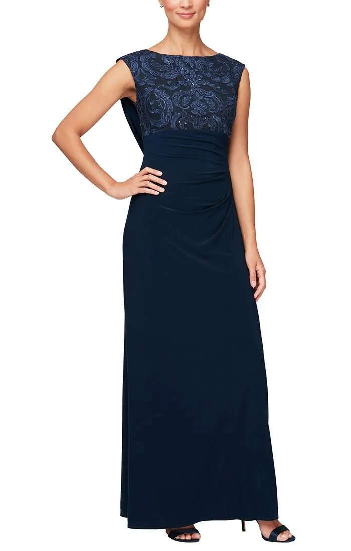 Empire Waist Dress with Matte Jersey Body and Cowl Back Detail with an Embroidered Sequin Lace Bodice sold by Alex Evenings