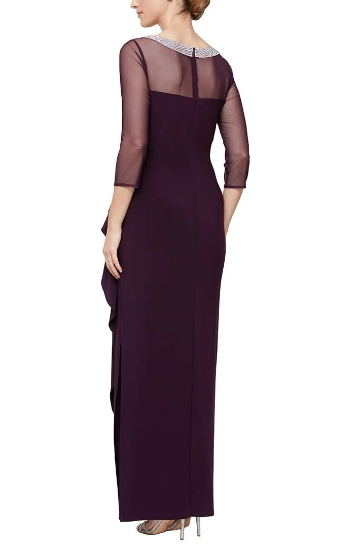 Petite Long Matte Jersey Illusion 3/4 Sleeve Side Ruched Dress with Embellished Neckline sold by Alex Evenings product image thumbnail 4