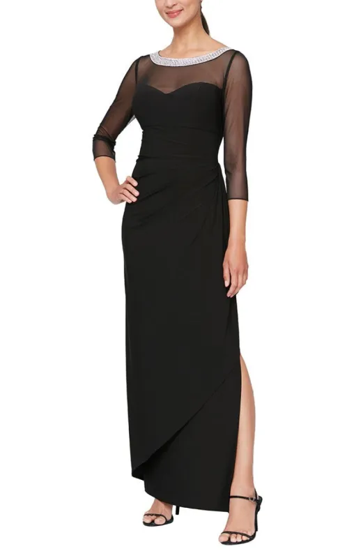 Petite Long Matte Jersey Illusion 3/4 Sleeve Side Ruched Dress with Embellished Neckline sold by Alex Evenings