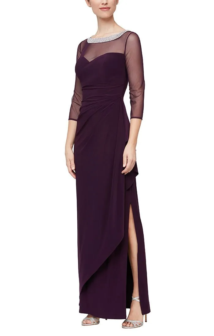 Petite Long Matte Jersey Illusion 3/4 Sleeve Side Ruched Dress with Embellished Neckline sold by Alex Evenings product image thumbnail 3