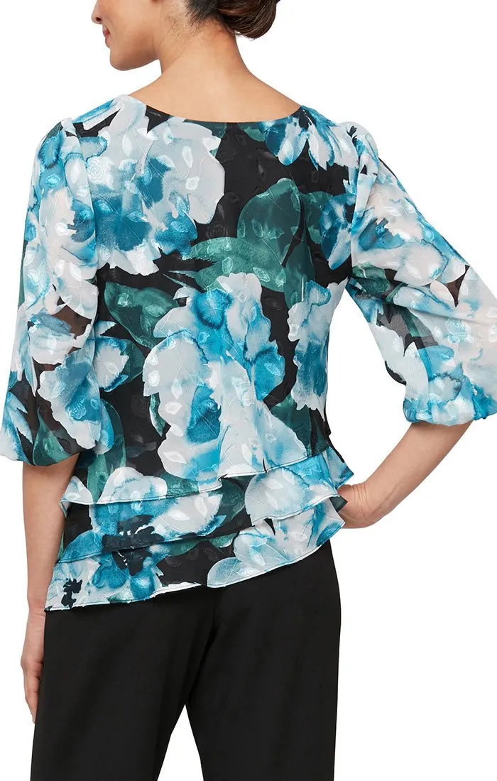 Petite - 3/4 Sleeve Printed Blouse with Illusion Balloon Hem Sleeve and Asymmetric Triple Tier Hem sold by Alex Evenings product image thumbnail 2