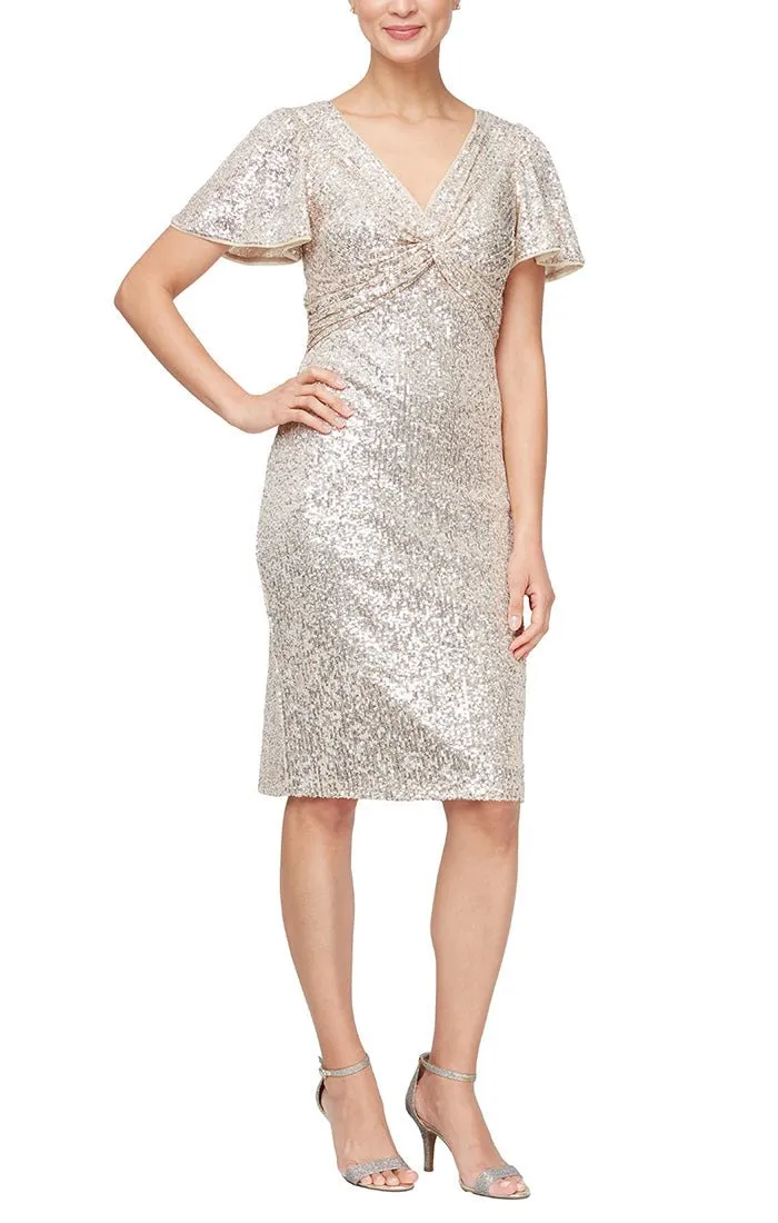 Regular - Sequin Sheath Dress with Twist Front Detail & Flutter Sleeves sold by Alex Evenings