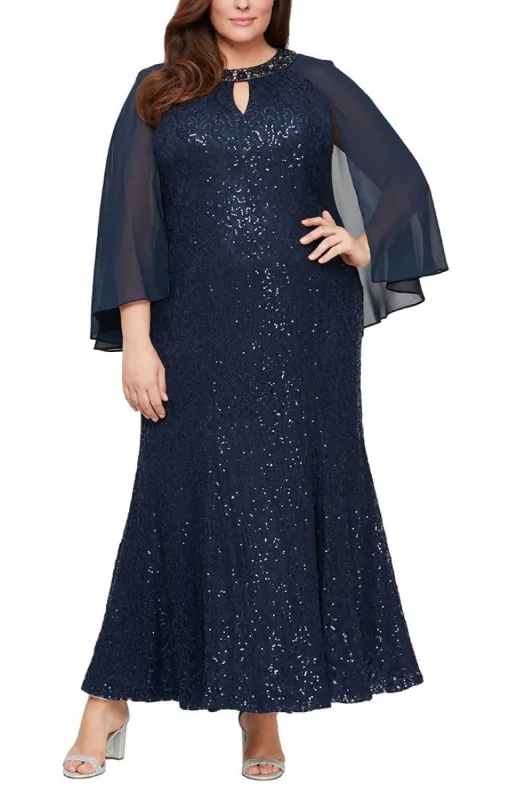 Plus - Fit & Flare Sequin Lace Gown with Embellished Keyhole Cutout Neckline & Chiffon Capelet Sleeves sold by Alex Evenings