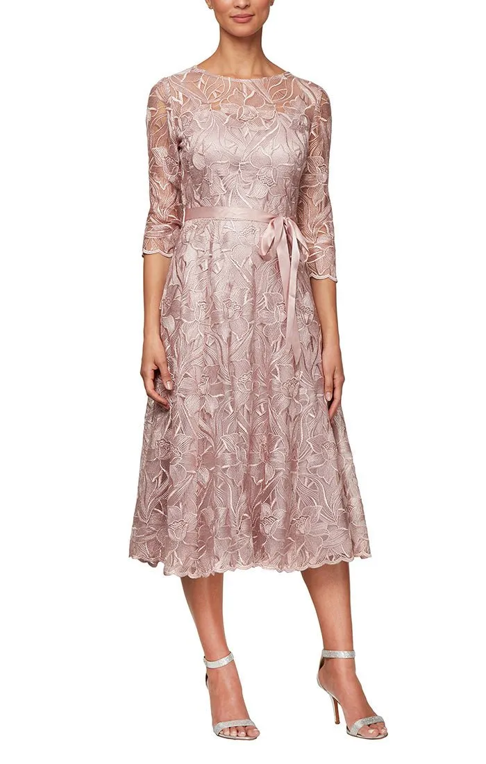 Regular - Midi Length Embroidered Tulle A-Line Dress with Illusion Neckline & Tie Belt sold by Alex Evenings
