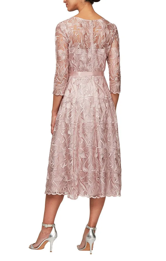 Regular - Midi Length Embroidered Tulle A-Line Dress with Illusion Neckline & Tie Belt sold by Alex Evenings product image thumbnail 2