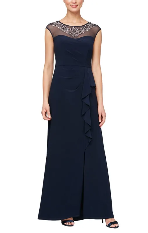 Petite Cap Sleeve Jersey Gown with Beaded Illusion Neckline and Cascade Detail Skirt sold by Alex Evenings