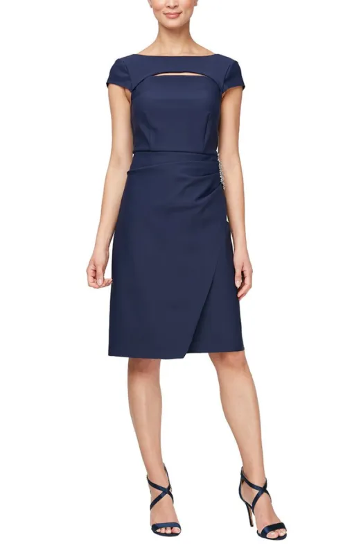 Regular - Cap Sleeve Compression Sheath Cocktail Dress with Split Neckline & Embellishment Detail at Hip sold by Alex Evenings
