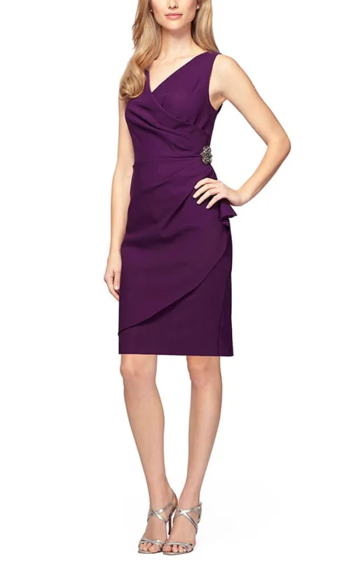 Short Side Ruched Compression Dress with Surplice Neckline, Cascade Ruffle Skirt & Beaded Detail at Hip sold by Alex Evenings