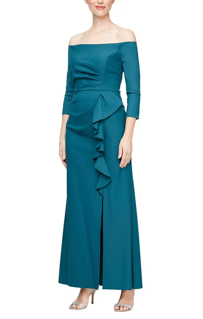 *Long Off the Shoulder Stretch Crepe Dress With Front Cascade Detail Skirt sold by Alex Evenings