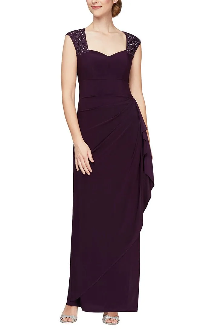 Petite - Long Sleeveless Sweetheart Neckline Dress With Embellished Strap Detail and Cascade Ruffle Skirt sold by Alex Evenings