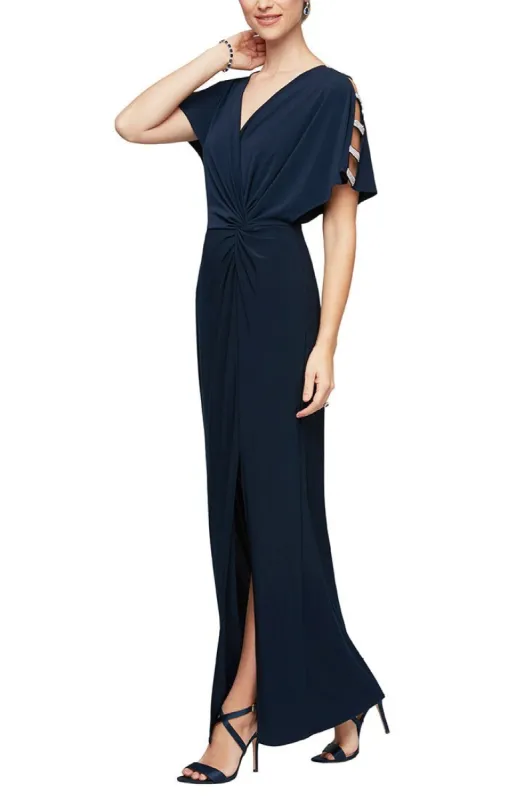 Petite Knot Front Dress with Front Slit & Embellishment at Shoulder sold by Alex Evenings