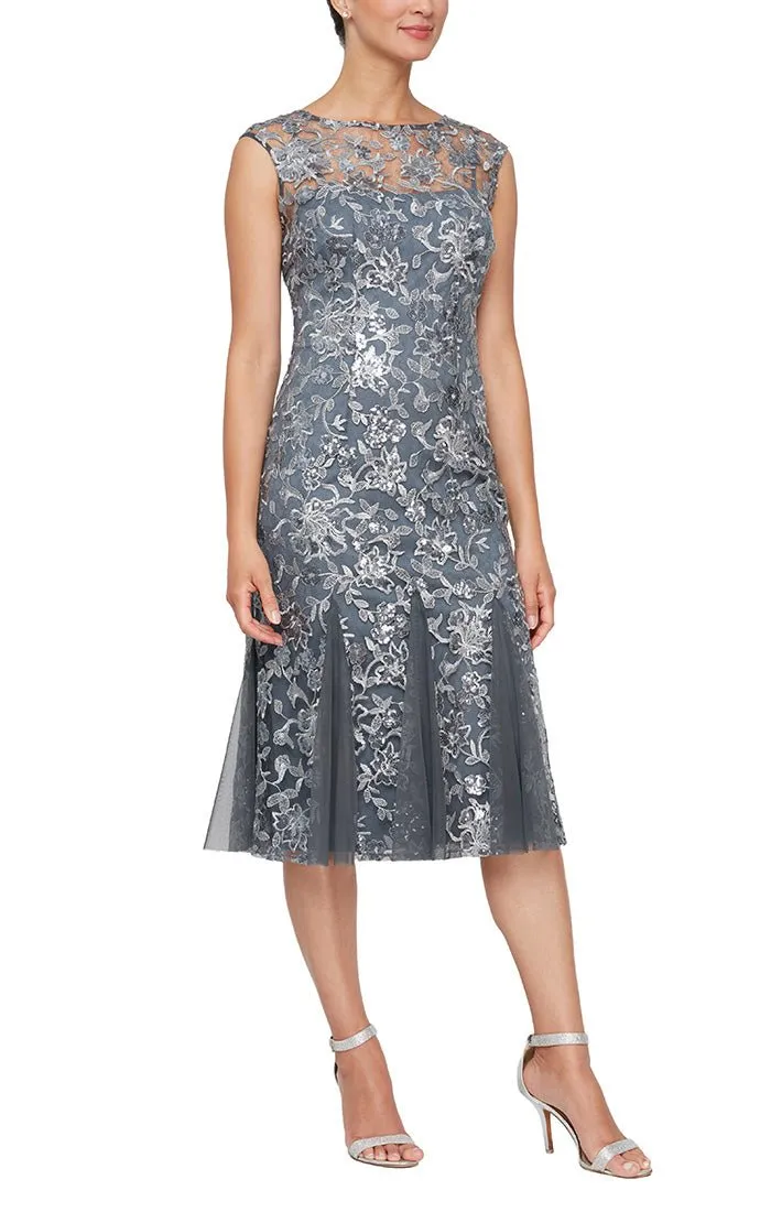 Regular - Embroidered Cap Sleeve Fit & Flare Cocktail Dress with Illusion Neckline sold by Alex Evenings