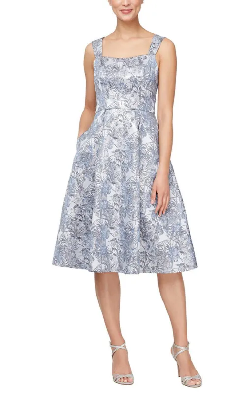 Regular - Floral Jacquard Square Neck Cocktail Dress with Full Skirt sold by Alex Evenings