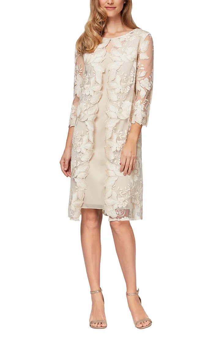 Midi Embroidered Mock Jacket Dress with Attached Jacket & Chiffon Tank Dress sold by Alex Evenings