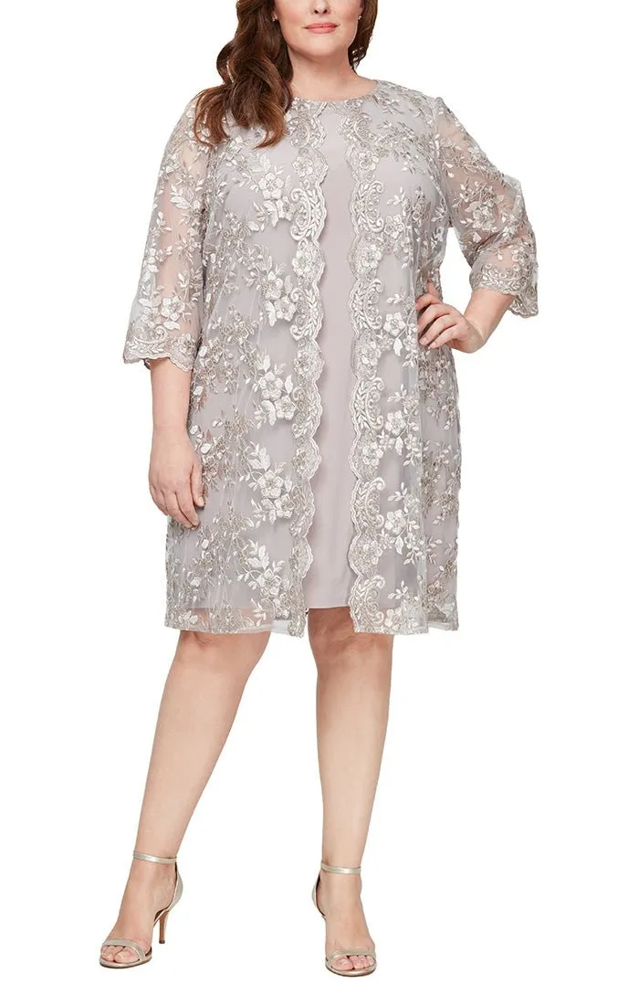 Plus - Embroidered Mock Jacket Dress with Illusion Sleeves & Scallop Detail sold by Alex Evenings