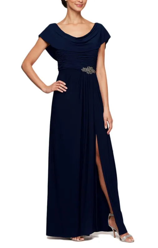 Cowl Neck A-Line Matte Jersey Dress with Pleated Bodice Detail sold by Alex Evenings